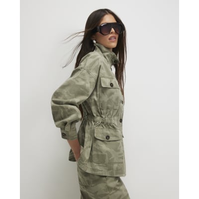 Khaki Camo Print Funnel Neck Denim Jacket