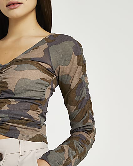 Khaki camo print ruched cropped top