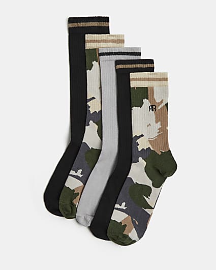 Khaki camo print socks 5 pack