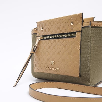 Khaki canvas embossed RI cross body bag River Island