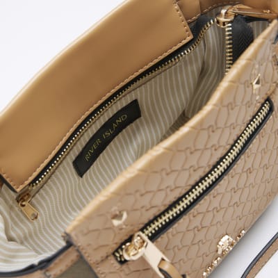 Khaki canvas embossed RI cross body bag River Island