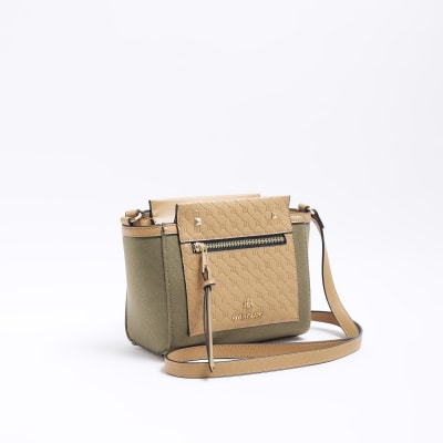 Khaki canvas embossed RI cross body bag River Island