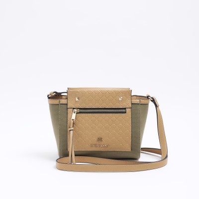 Khaki canvas embossed RI cross body bag River Island