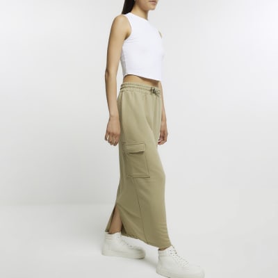 Khaki cargo maxi skirt River Island