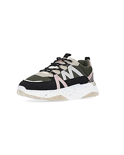 360 degree animation of product Khaki colour block chunky trainers frame-0