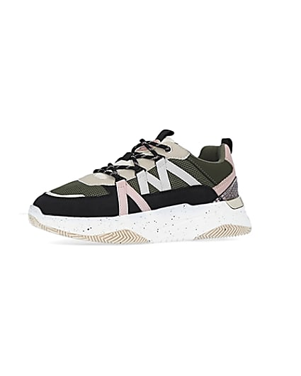 360 degree animation of product Khaki colour block chunky trainers frame-1