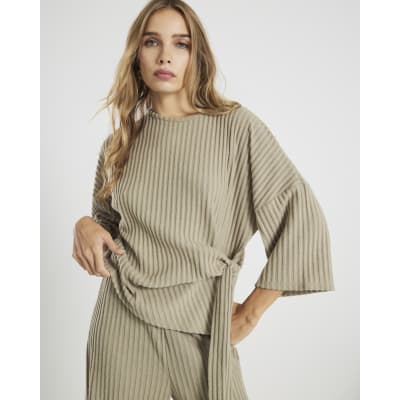 Khaki Cosy Ribbed Knot Side Top