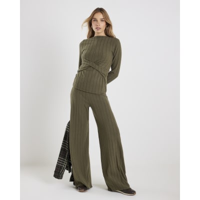 Khaki Cosy Wide Ribbed Trousers