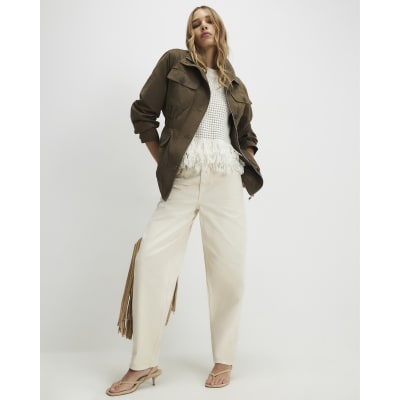 Khaki Cotton Blend Funnel Neck Jacket