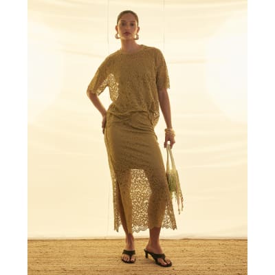 Khaki Cotton Blend Lace Midi Skirt
