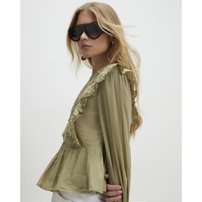 Khaki Cotton Cutwork Ruffle Blouse