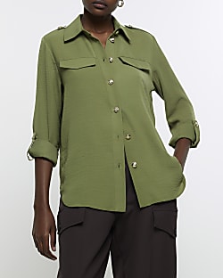 Khaki crepe utility pocket shirt