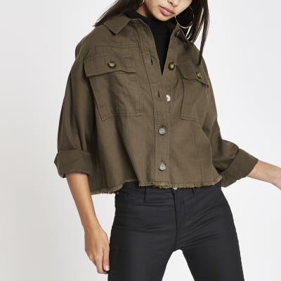 Khaki cropped army shacket