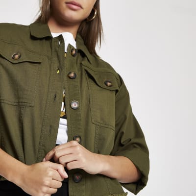 Khaki cropped fluro stitched cropped shacket