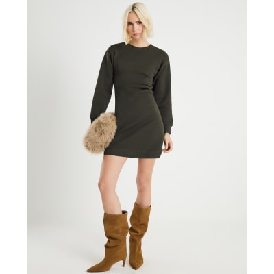 Khaki Drape Sweatshirt Dress