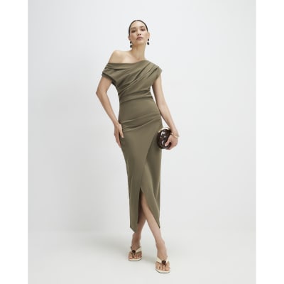 Khaki Drape Wrap Midi Dress