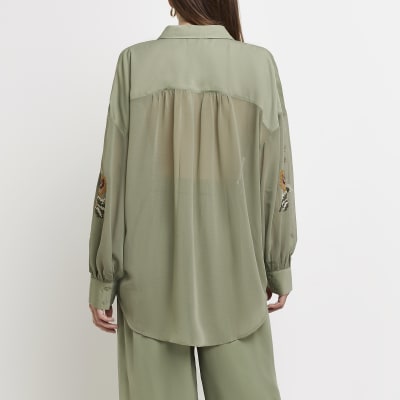 Khaki embroidered floral long sleeve shirt