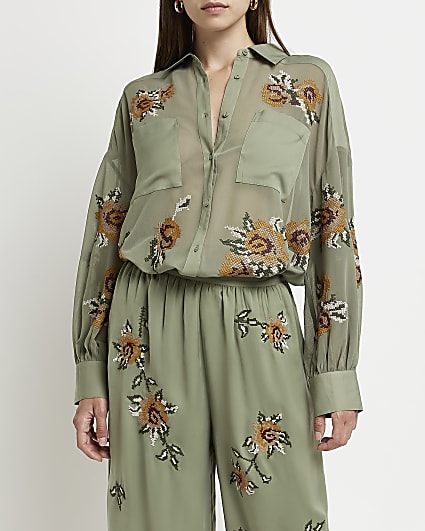 Khaki embroidered floral long sleeve shirt