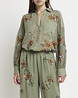 Khaki embroidered floral long sleeve shirt