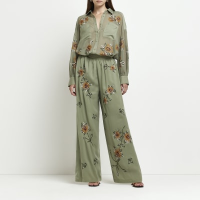 Khaki embroidered floral long sleeve shirt