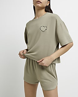 Khaki embroidered pyjama top