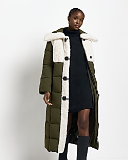 Khaki faux borg longline puffer coat