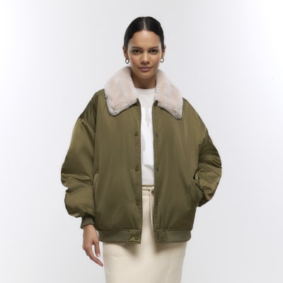 Khaki Faux Fur Collar Bomber Jacket | River Island