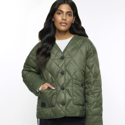 Khaki faux fur collar padded jacket | River Island