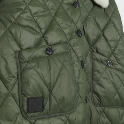 Khaki faux fur collar padded jacket River Island