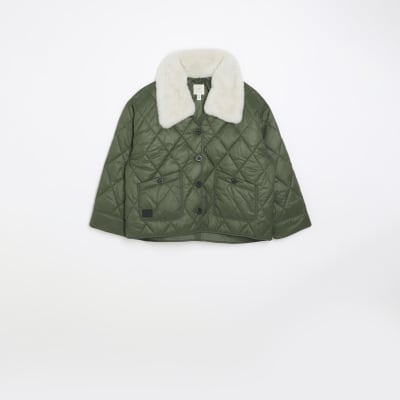 Khaki faux fur collar padded jacket River Island