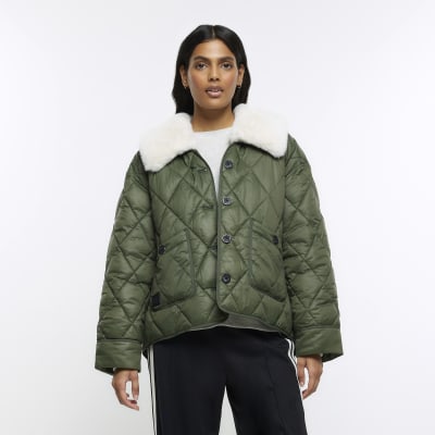 Khaki faux fur collar padded jacket | River Island