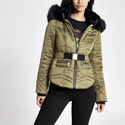 khaki padded coat with fur hood