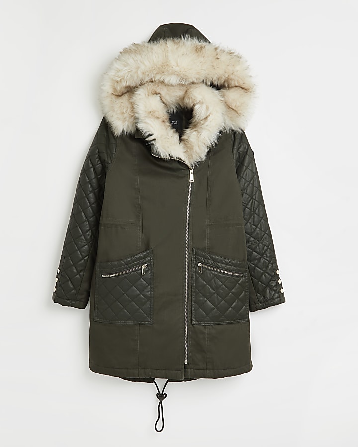 Khaki faux fur lined parka coat