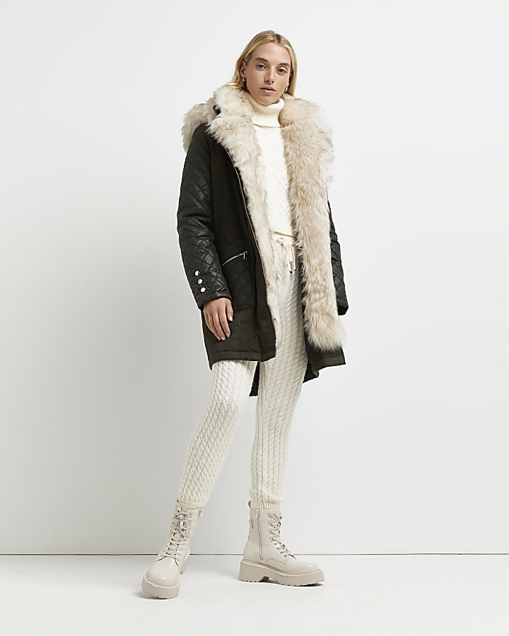 Khaki faux fur lined parka coat
