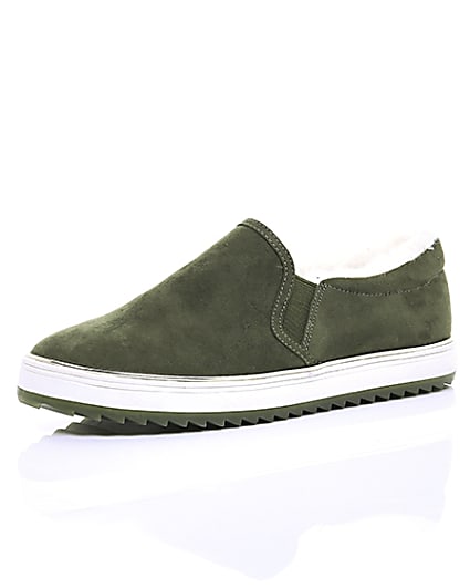 360 degree animation of product Khaki faux fur lined slip on trainers frame-0
