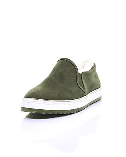360 degree animation of product Khaki faux fur lined slip on trainers frame-2