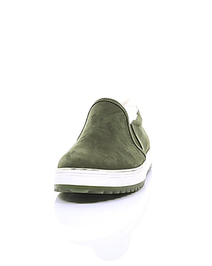360 degree animation of product Khaki faux fur lined slip on trainers frame-3