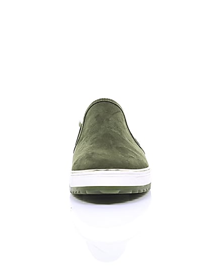 360 degree animation of product Khaki faux fur lined slip on trainers frame-4