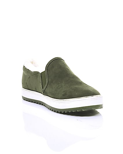 360 degree animation of product Khaki faux fur lined slip on trainers frame-6