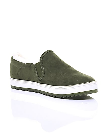 360 degree animation of product Khaki faux fur lined slip on trainers frame-7
