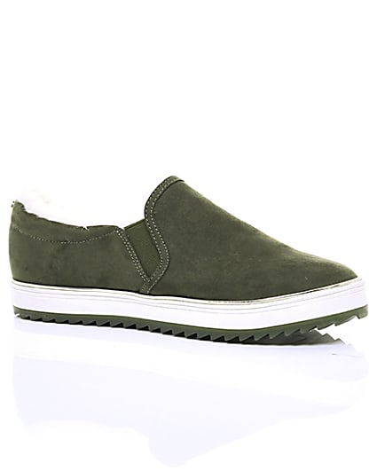 360 degree animation of product Khaki faux fur lined slip on trainers frame-8