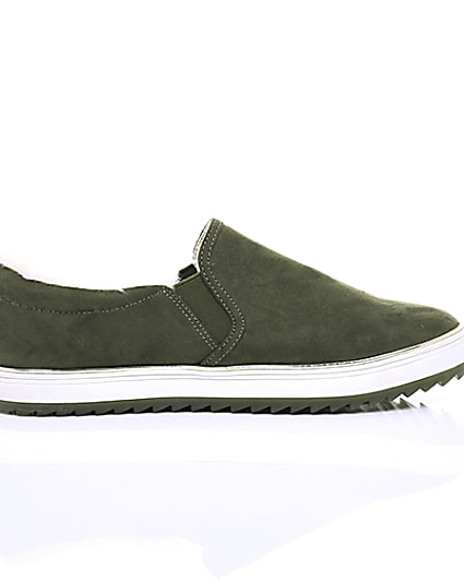 360 degree animation of product Khaki faux fur lined slip on trainers frame-10