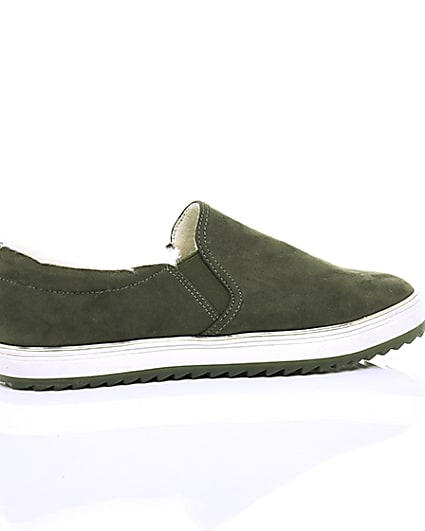 360 degree animation of product Khaki faux fur lined slip on trainers frame-11