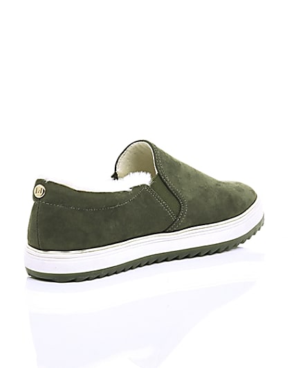 360 degree animation of product Khaki faux fur lined slip on trainers frame-13