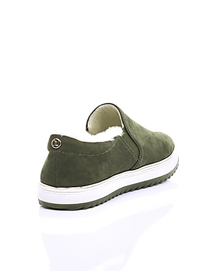 360 degree animation of product Khaki faux fur lined slip on trainers frame-14