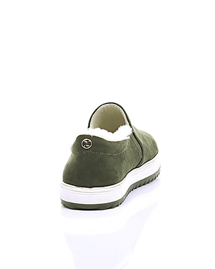 360 degree animation of product Khaki faux fur lined slip on trainers frame-15