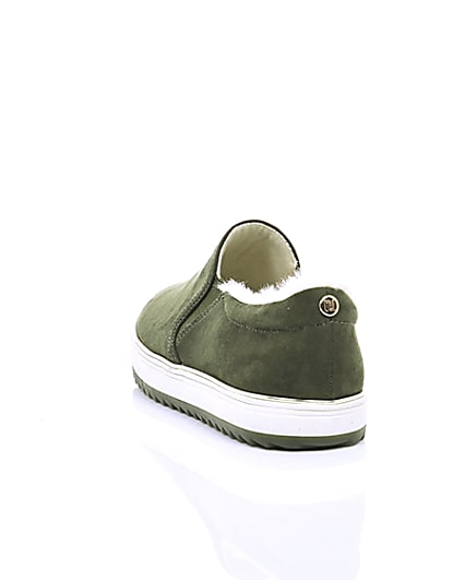 360 degree animation of product Khaki faux fur lined slip on trainers frame-17