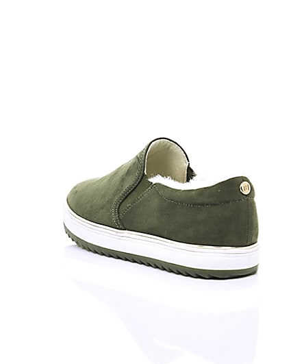 360 degree animation of product Khaki faux fur lined slip on trainers frame-18