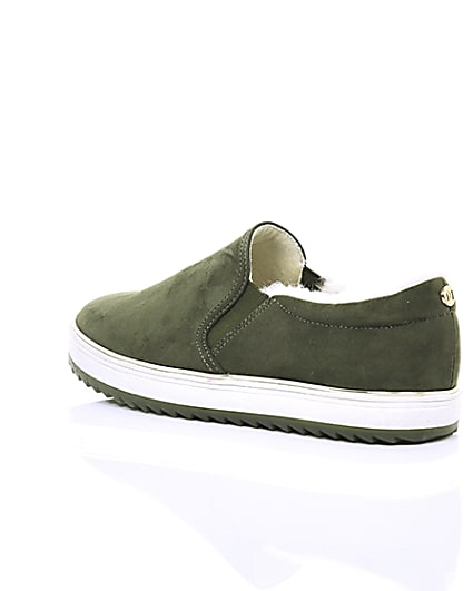 360 degree animation of product Khaki faux fur lined slip on trainers frame-19