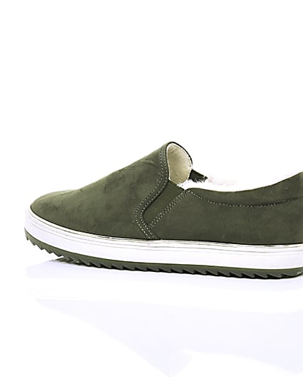 360 degree animation of product Khaki faux fur lined slip on trainers frame-20